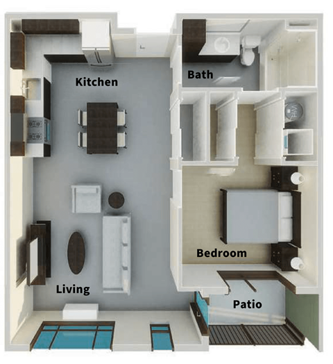 Floor plan for 1 bed, 1 bath, 768 sqft